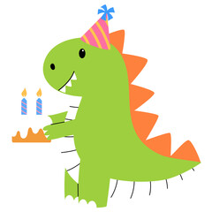 cute green dinosaur wearing pink party hat and holding a birthday cake illustration