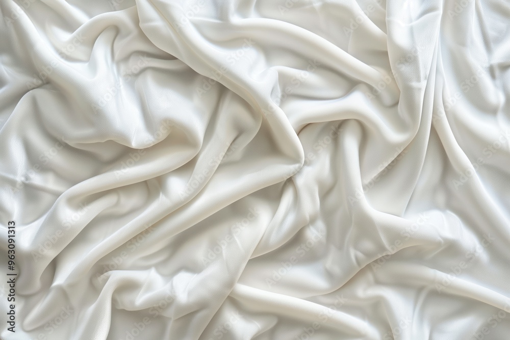 Poster Close-up view of white fabric with intricate texture pattern. Fabric possibly made from cotton or linen material. Slight sheen on surface. Blurred background focuses attention on fabric details.