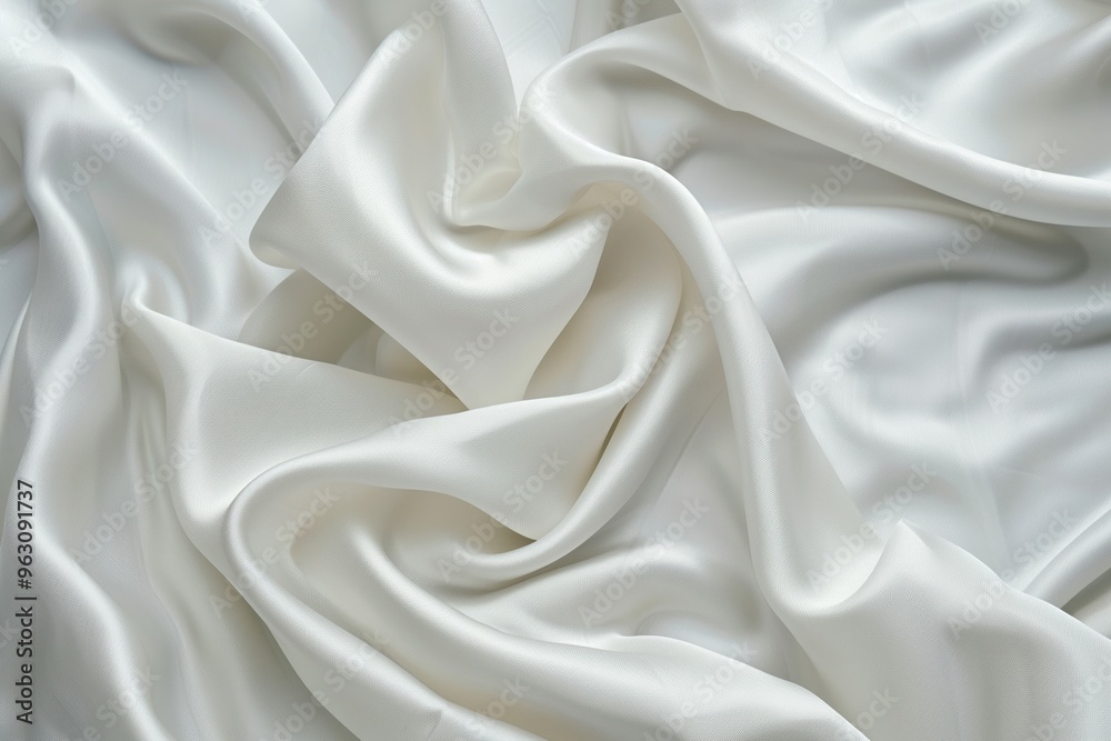 Aufkleber Close-up view of white fabric with subtle sheen. Fabric folded in half, slightly curled at top. Blurred background focuses on fabric texture and depth.