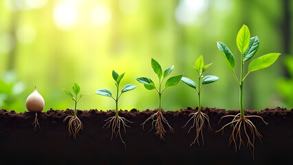 Seedling Growth Stages with Visible Roots in Garden Setting