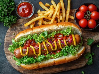 Savory hot dogs topped with ketchup, mustard, and lettuce on a rustic wooden board, accompanied by crispy french fries for a delightful party spread. 