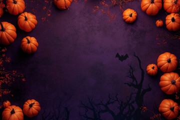 Halloween background with pumpkins, bat and dead trees forming a border on a purple background with copy space