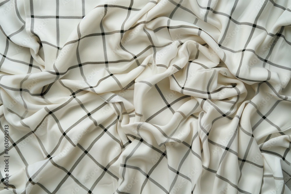 Poster Close-up view of white fabric with black diagonal lines. Fabric folded in half, revealing intricate pattern and texture. Blurred background draws focus to fabric details.