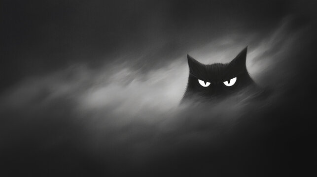 Eyes of the Storm: A sleek black cat emerges from the shadows, its piercing gaze illuminating the swirling mists of a dark and stormy night. 