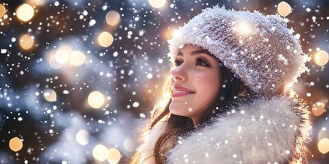 Fototapeta premium Winter portrait of a smiling woman in a cozy white hat and coat amidst falling snow and glowing holiday lights