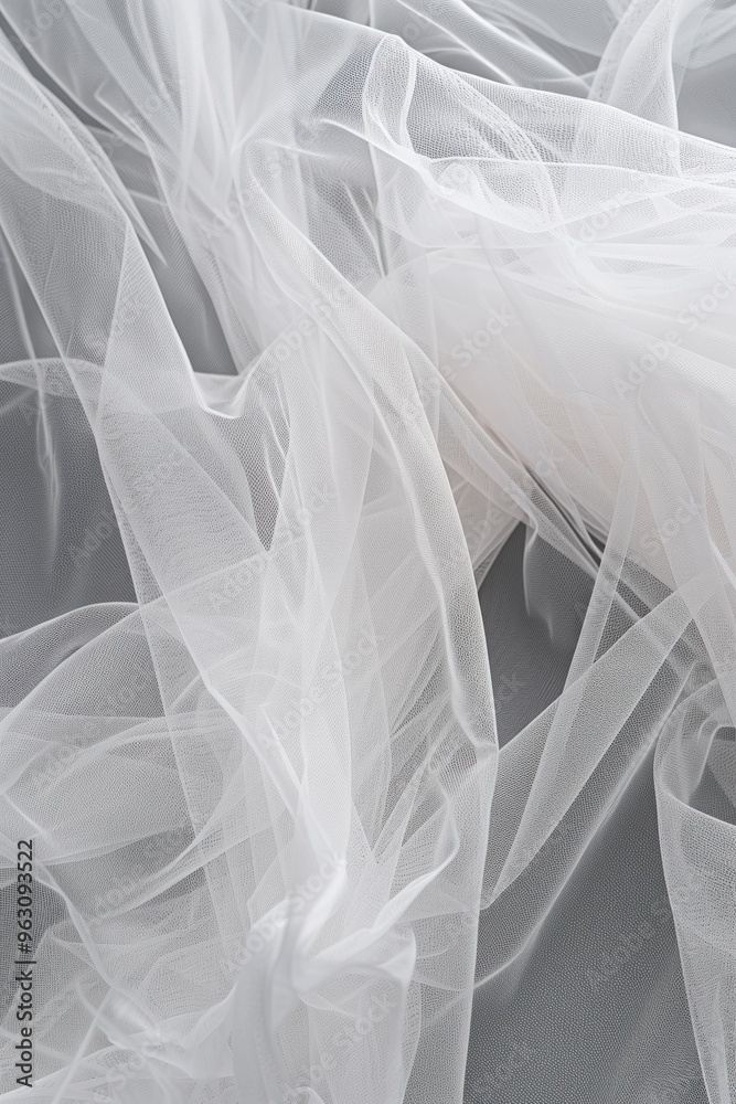 Aufkleber close-up view of white fabric with subtle sheen and slightly wrinkled texture. fabric set against gr