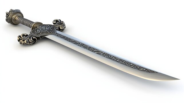 148. "A detailed 3D image of the Sikh Guru Gobind Singh's sword, crafted with intricate details and rich textures, isolated on a pristine white backdrop.