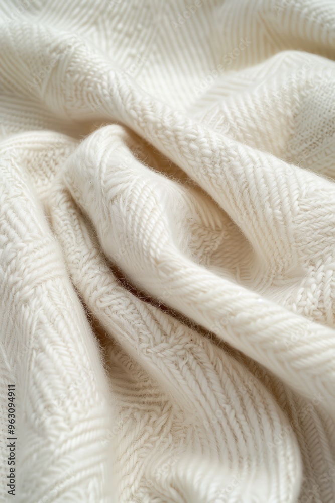 Aufkleber Close-up view of white fabric with subtle texture folded in half revealing intricate weave pattern. Fabric appears smooth and flat with slight wrinkles. Background blurred to focus on fabric details.