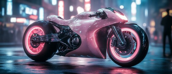 Futuristic Pink Motorcycle in City at Night