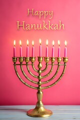 happy Hanukkah greeting card with menorah and candles