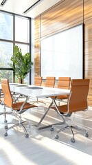 Obraz premium Modern conference room with a stylish table, comfortable chairs, and large windows for natural light and greenery.