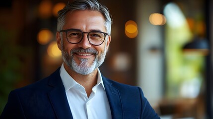 Fototapeta premium Professional middle-aged man, white dress shirt, navy blue blazer, glasses, gray hair and beard, warm smile, confident expression, office or cafe setting, blurred background.