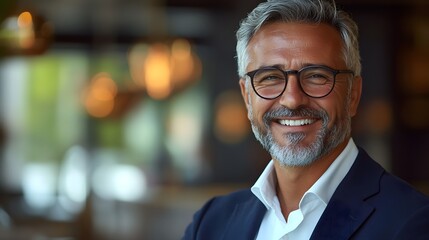 Fototapeta premium Professional middle-aged man, white dress shirt, navy blue blazer, glasses, gray hair and beard, warm smile, confident expression, office or cafe setting, blurred background.