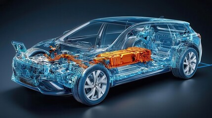 Fototapeta premium Detailed illustration of a transparent car, showcasing its inner components like battery and electric system