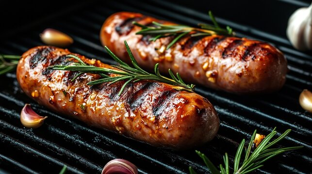 Grilled Sausages with Rosemary and Garlic on a Black Background. Close-up of Seasoned Meat Skewers Ready for a Barbecue Feast.