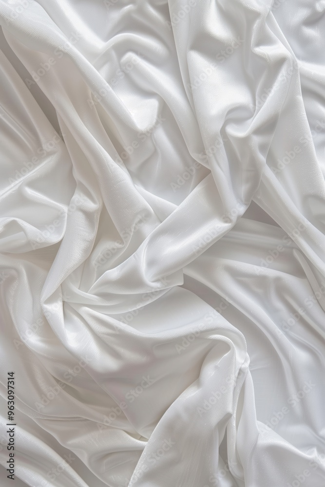 Aufkleber Close-up view of white fabric possibly sheet blanket crumpled, folded creating sense depth dimensionality. Fabric texture smooth with interesting folds. Gray background contrasts with white fabric.