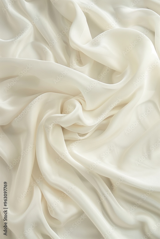 Poster Close-up view of white fabric with subtle texture, folded to reveal intricate design. Fabric has smooth surface, completely covering frame with gray background creating visually striking composition.
