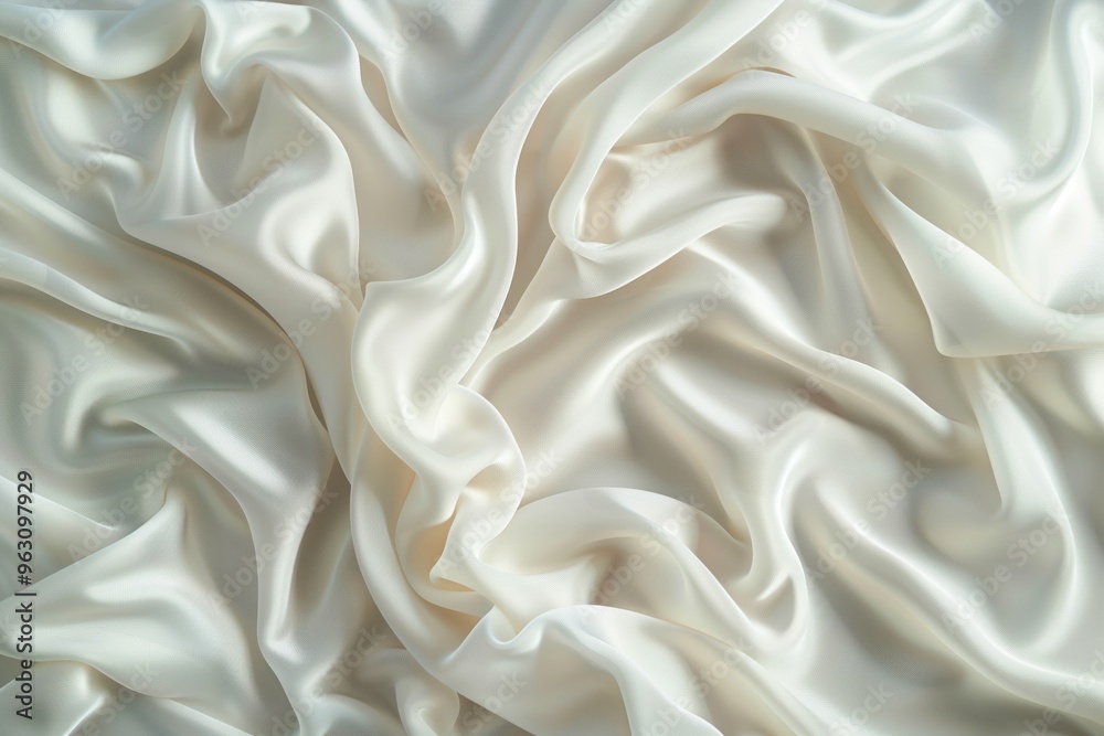 Aufkleber Close-up view of white fabric with intricate pattern. Crumpled and folded texture adds depth to image. Fabric possibly made from silk or satin material. Blurred background draws focus to fabric.