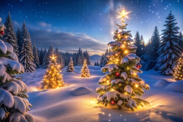 Snow-capped christmas trees lit with golden lights in winter wonderland under starry sky