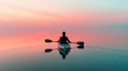 A woman kayaking in water at sunset