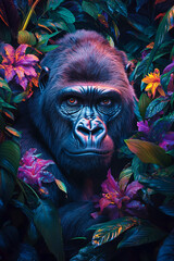 Gorilla in vibrant foliage surrounded by vivid pink and blue leaves in a tropical environment during daylight. Generative AI