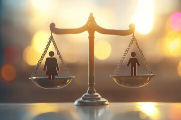 Balancing scales is showing equality between woman and man at sunset