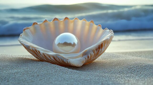 Pearl in seashell on sandy beach at sunrise, serene nature and tranquility concept