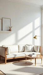 A minimalist living room with a white sofa, wooden shelves, and natural lighting from large windows