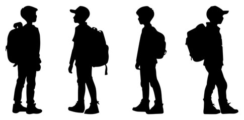 Set of silhouettes of boys with backpacks and in a cap on a transparent background