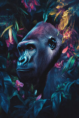 Gorilla in vibrant foliage surrounded by vivid pink and blue leaves in a tropical environment during daylight. Generative AI