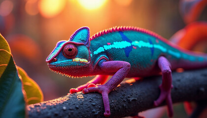 Fototapeta premium A colorful chameleon with vibrant blue, red, and orange scales perched on a branch against a blurred, warm-toned background
