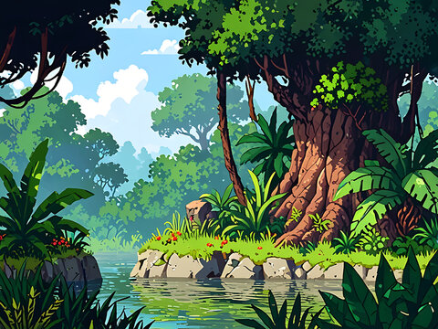 tropical jungle with palm trees pixle art style. Generative AI