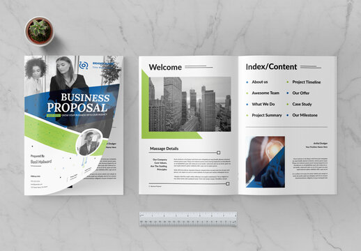 Business Proposal Layout With Green And Blue Accents