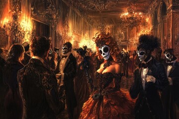 opulent Halloween masquerade ball in candlelit ballroom. guests in elaborate costumes, ornate masks