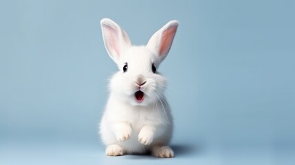 Obraz premium cute animal pet rabbit or bunny white color smiling and laughing isolated with copy space for easter background, rabbit, animal, pet, cute, fur, ear, mammal, background, celebration, generate by AI