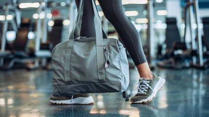 Fototapeta premium fit sporty woman in sportswear with gym bag wearing toned yoga pants and sneakers getting ready for exercise session at gym, lifestyle, fitness, healthy, fit, workout, jogger