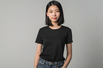 A young Asian woman stands confidently in a black t-shirt and blue jeans, exuding a casual yet stylish demeanor against a neutral background.