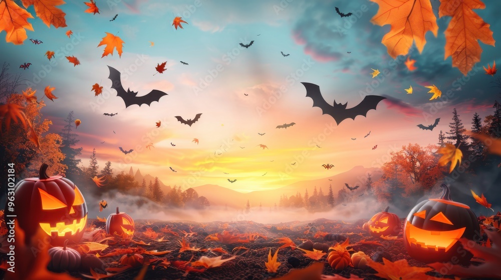 Wall mural halloween jack o lanterns in autumn forest with bats and falling leaves