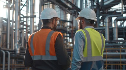 Industrial workers in safety vests and hard hats collaborating on a project, engineer, industrial, safety, construction, factory, building, development, architect, production