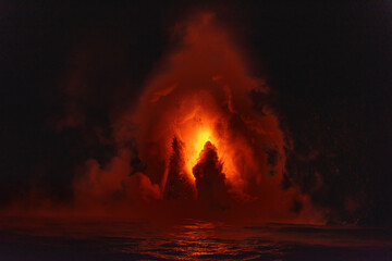 Lava tube flowing into ocean in Hawaii at dawn shows the poisonous steam rising as the hot liquid...