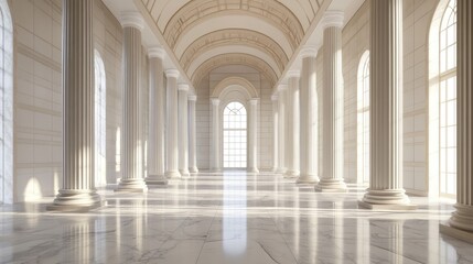 Obraz premium A grand hallway with white columns, an arched ceiling, and marble floors.