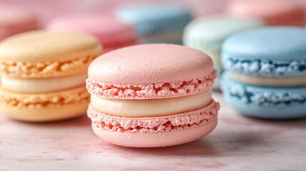Fototapeta premium A close-up of colorful macarons on a pastel background