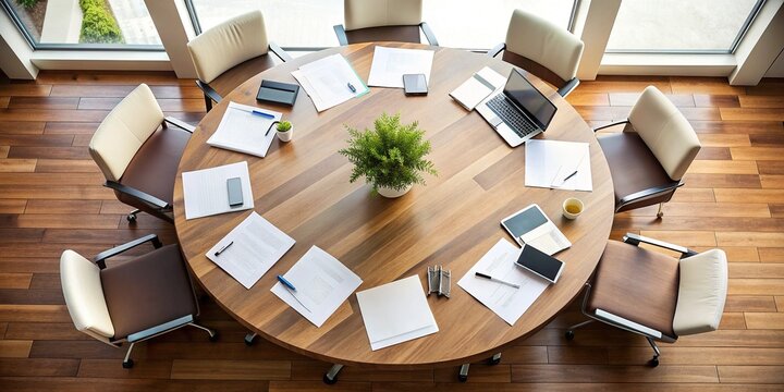 Deliberate arrangement of papers within a circular desk
