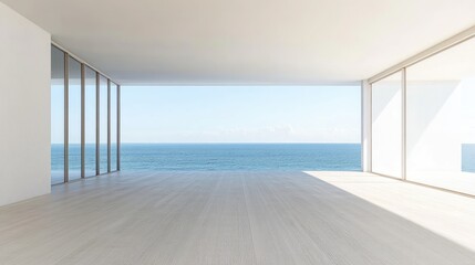 Obraz premium Minimalist Room with Ocean View and Wooden Floor