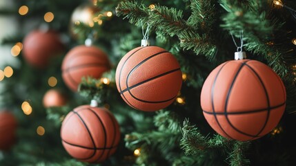 Unique Christmas tree adorned with basketball ornaments, blending holiday cheer and sports spirit in a festive atmosphere