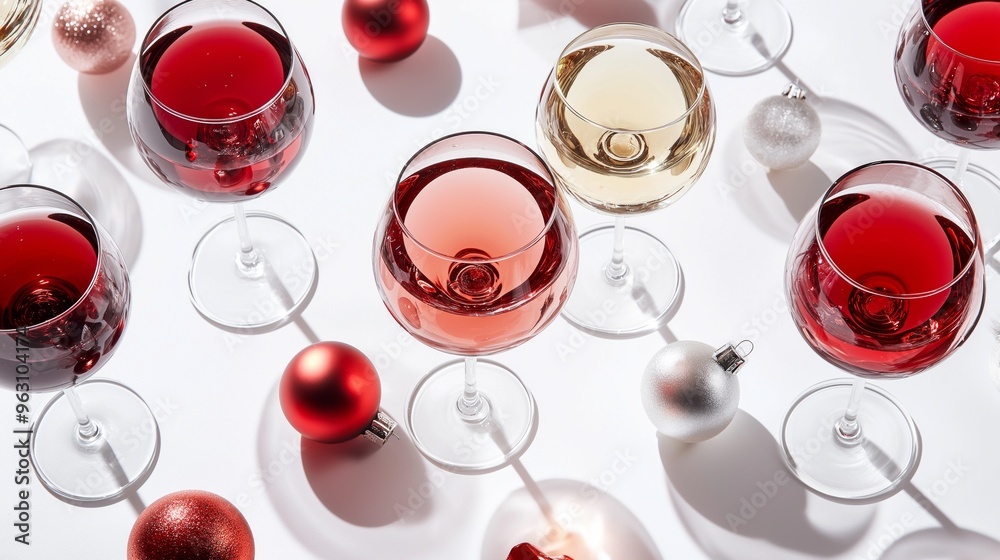 Wall mural festive arrangement of red, white, and rose wine glasses with christmas ornaments on a white surface