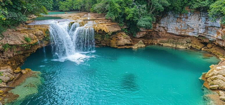 Stunning aerial view of a cascading waterfall flowing into a crystal clear turquoise pool surrounded by lush tropical foliage. A perfect getaway destination.