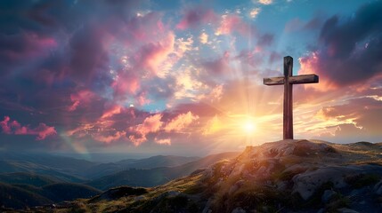 Rustic Wooden Cross Silhouetted Against Vibrant Sunrise Sky With Radiant Sunbeams