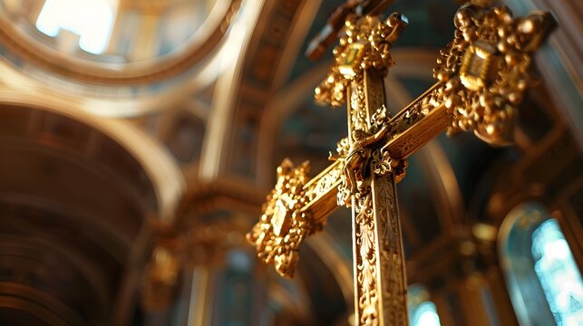 Ornate Gold Plated Cross in Majestic Cathedral Interior with Intricate Detailing - Powered by Adobe