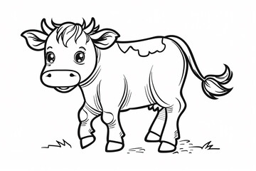 Fototapeta premium A cute cartoon cow with big eyes and an expressive face, standing on green grass, perfect for children�s coloring activities.